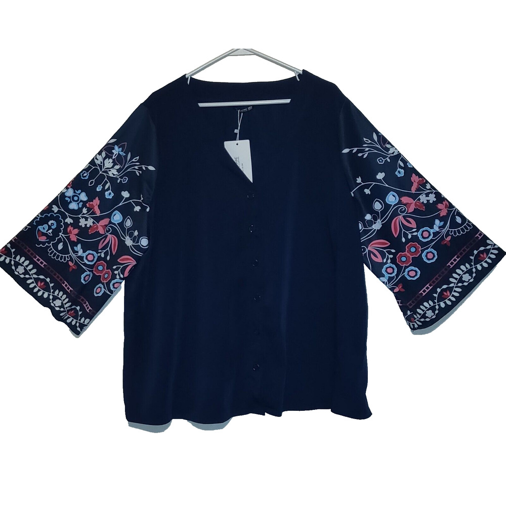 Bloomchic CHIC Top Blouse NAVY BLUE Floral Sleeves SIZE 18-20 Lightweight NWT